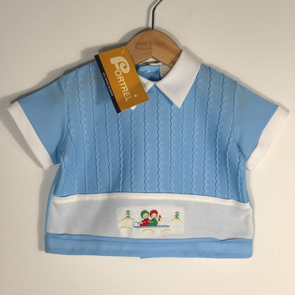 Deadstock VTG Charming Fashions Baby Blue Fortrel Knit Top Sledding Embroidery L